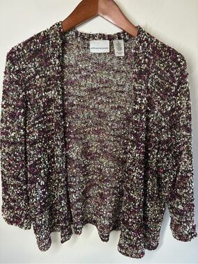 Alfred Dunner Open-Front Multicolor Bouclé Cardigan - Pink/Black/Cream/Brown